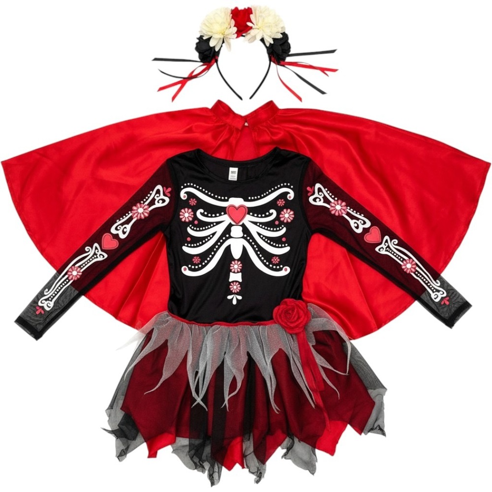 Kids Day of the Dead Skeleton Costume Set Dress Cape Headband Red Black